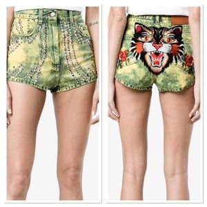NWT Gucci Studded And Tiger Embroidered Denim Shorts $1,195